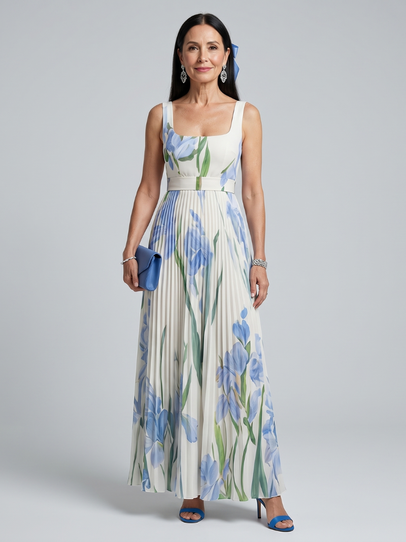 Ophelia | Vestido Midi Sin Mangas con Escote Cuadrado y Estampado Floral