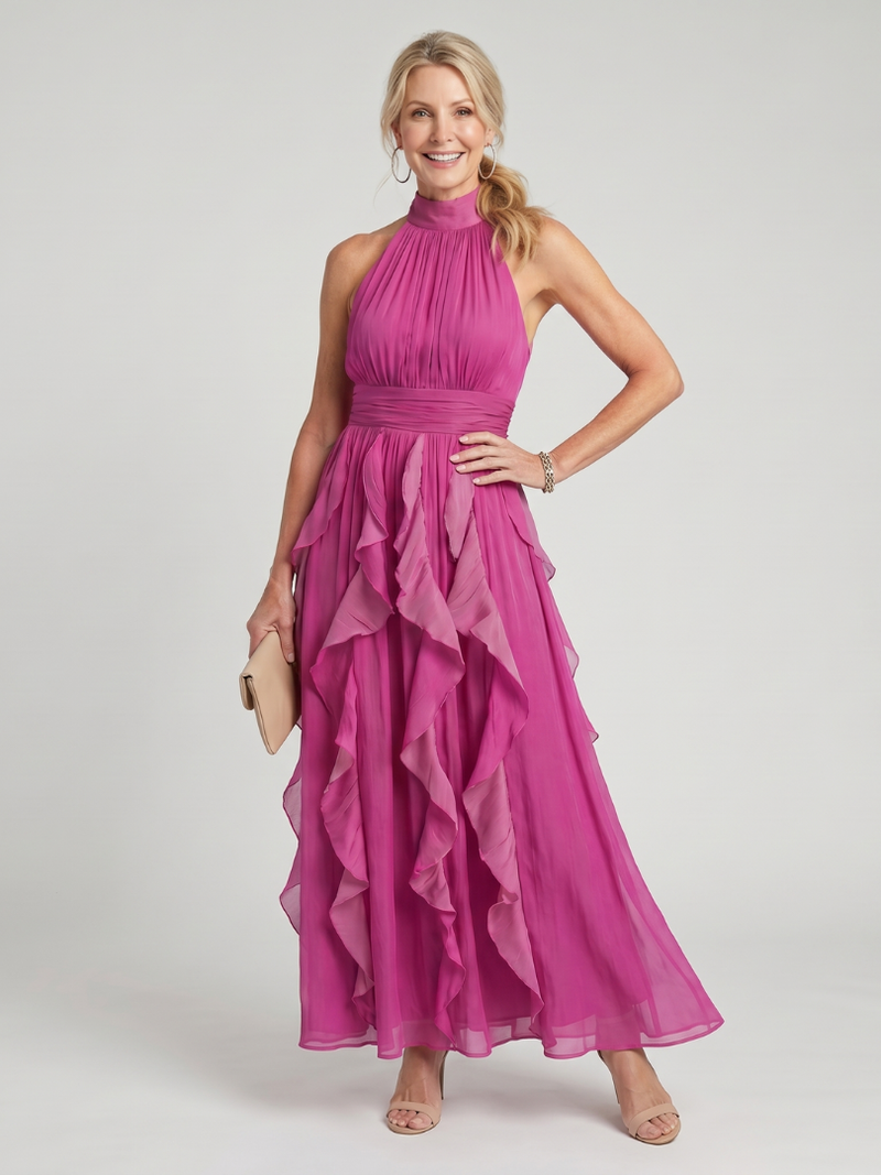 Orea | Vestido Maxi con Cuello Alto y Capas de Volantes