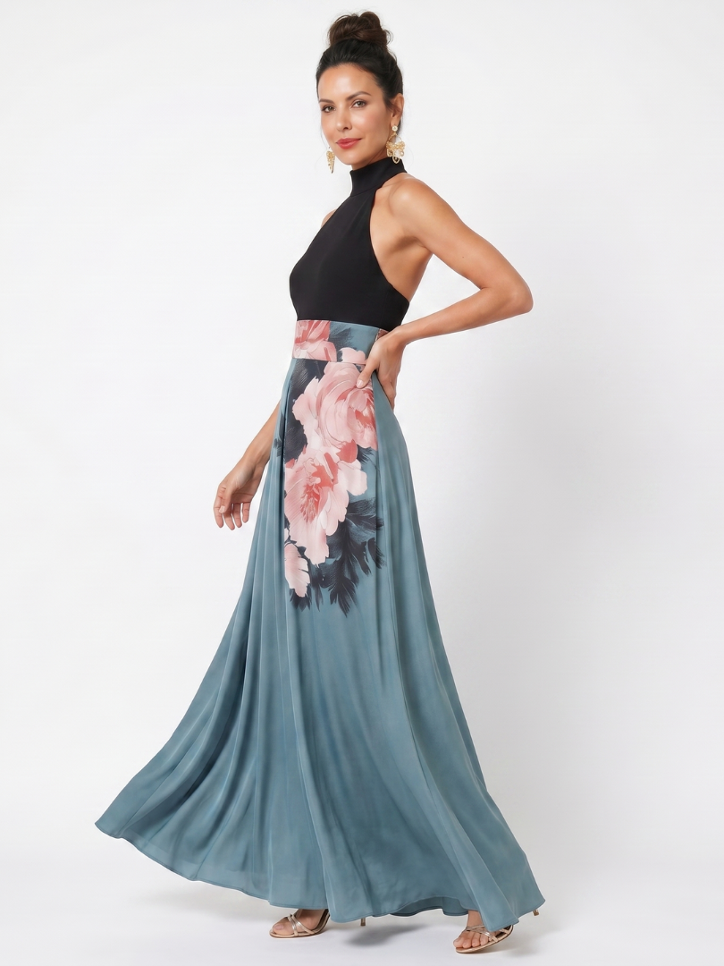 Detalle textura Olympas | Vestido Maxi de Falda Floral con Cuerpo Halter