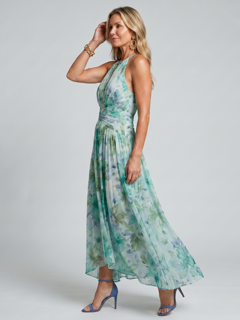Detalle textura Portia | Vestido Midi Floral con Pliegues y Cuello Halter