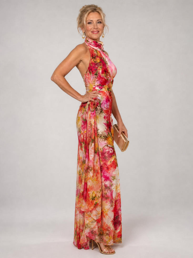 Detalle textura Elisabetta | Vestido Maxi de Flores con Cuello Halter