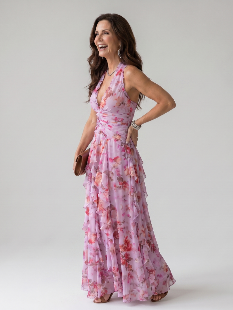 Detalle textura Nori | Vestido Maxi Floral con Escote Halter y Cuerpo Fruncido