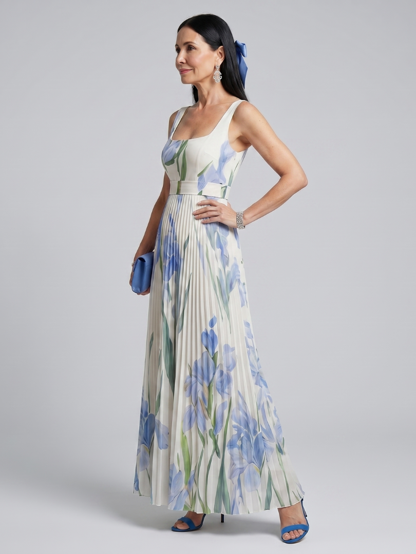 Detalle textura Ophelia | Vestido Midi Sin Mangas con Escote Cuadrado y Estampado Floral