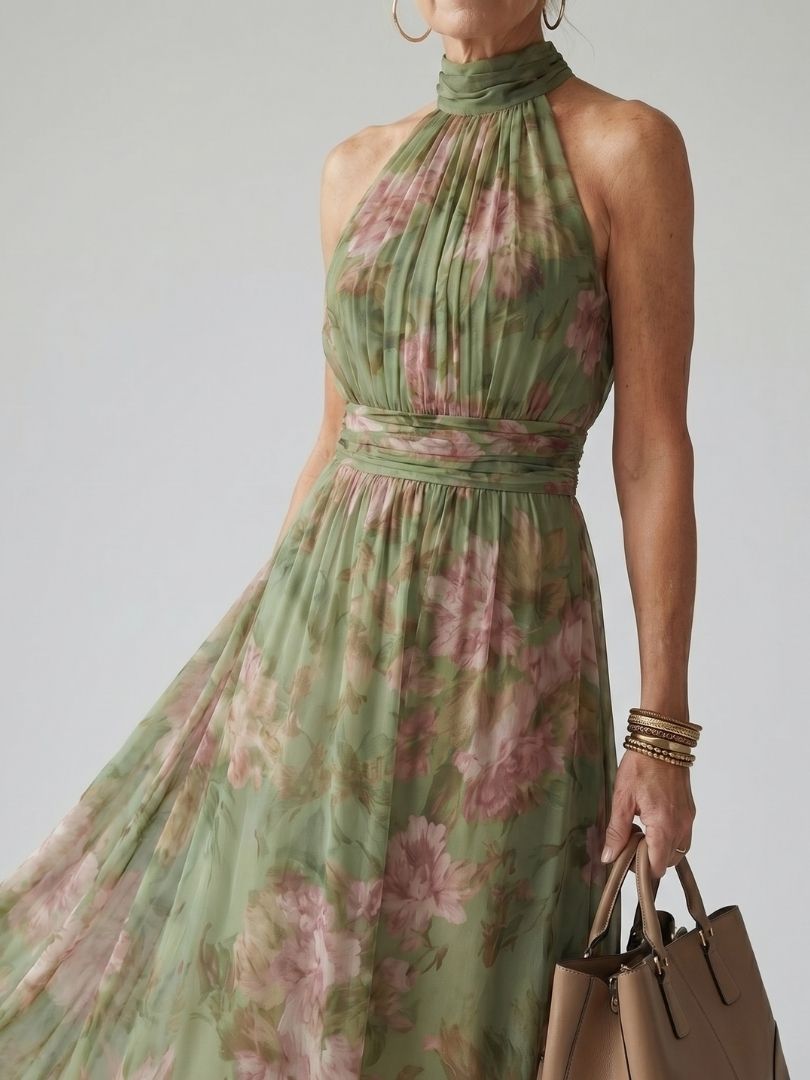 Detalle textura Mirelle | Vestido Midi con Cuello Halter Fruncido