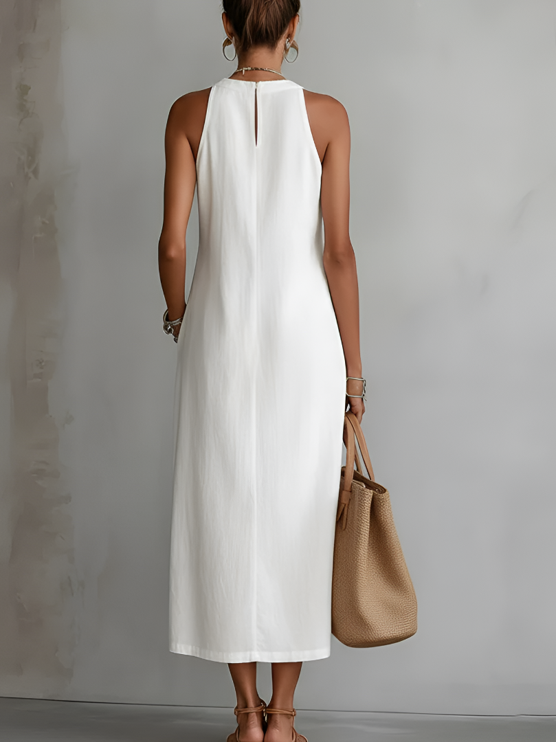 Detalle textura Jimena | Vestido Midi de Lino con Cuello Mao