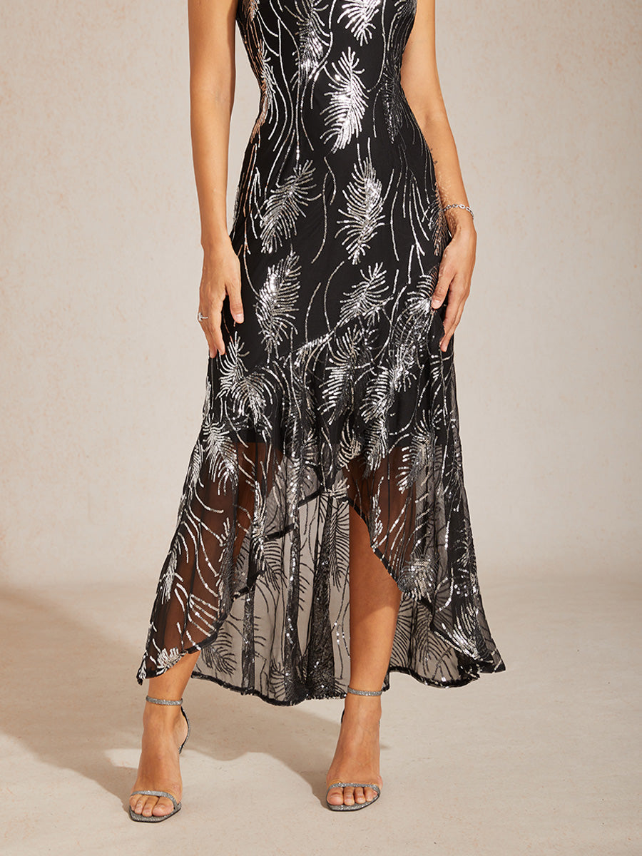 Sleeveless A-Line Maxi Dress with Mesh Sequin