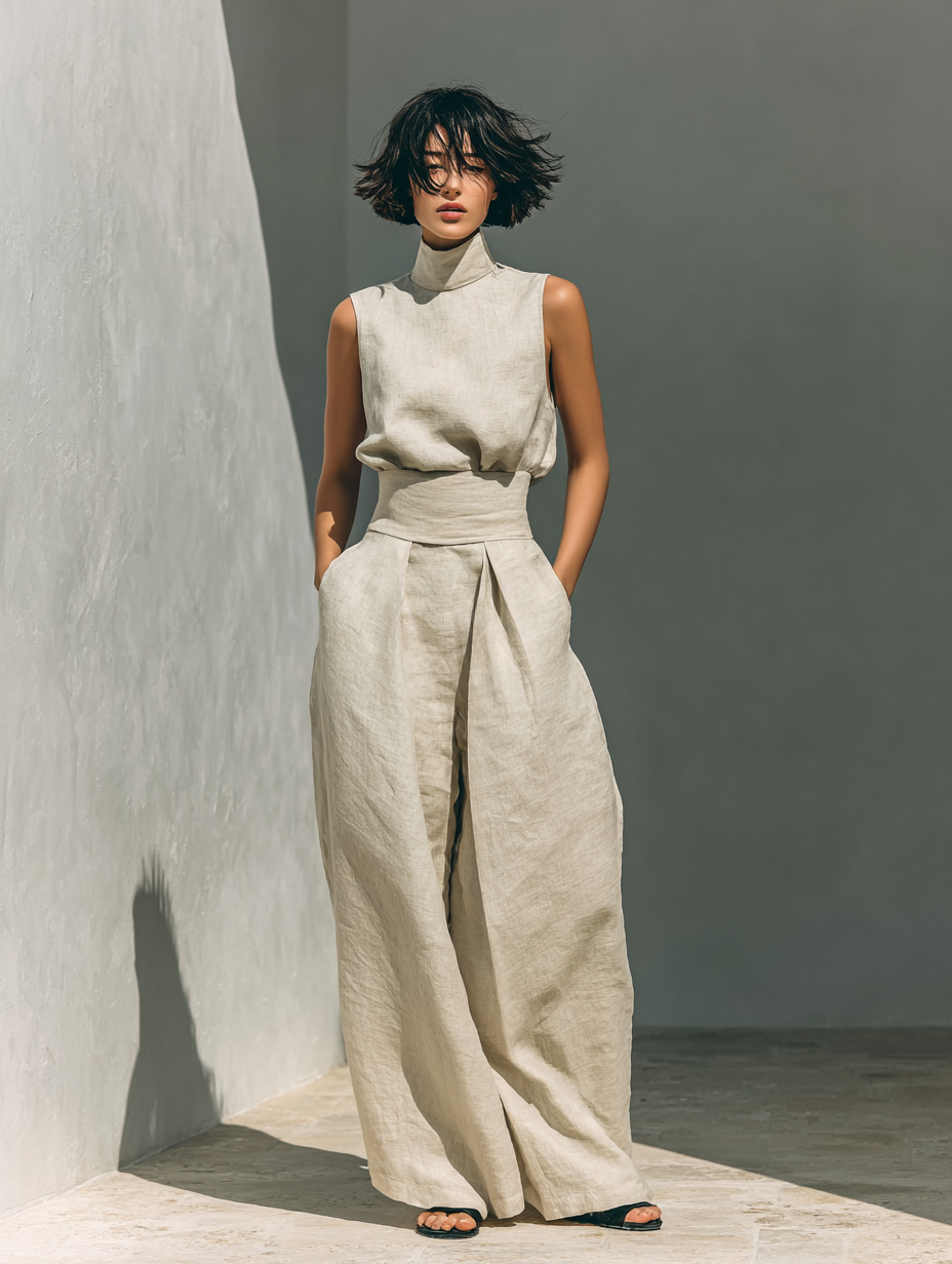Maria | Conjunto completo con top sin mangas y pantalones amplios de algodón y lino