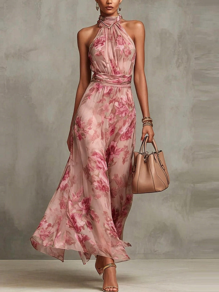 Halter · Maxi Floral Verde Chifón