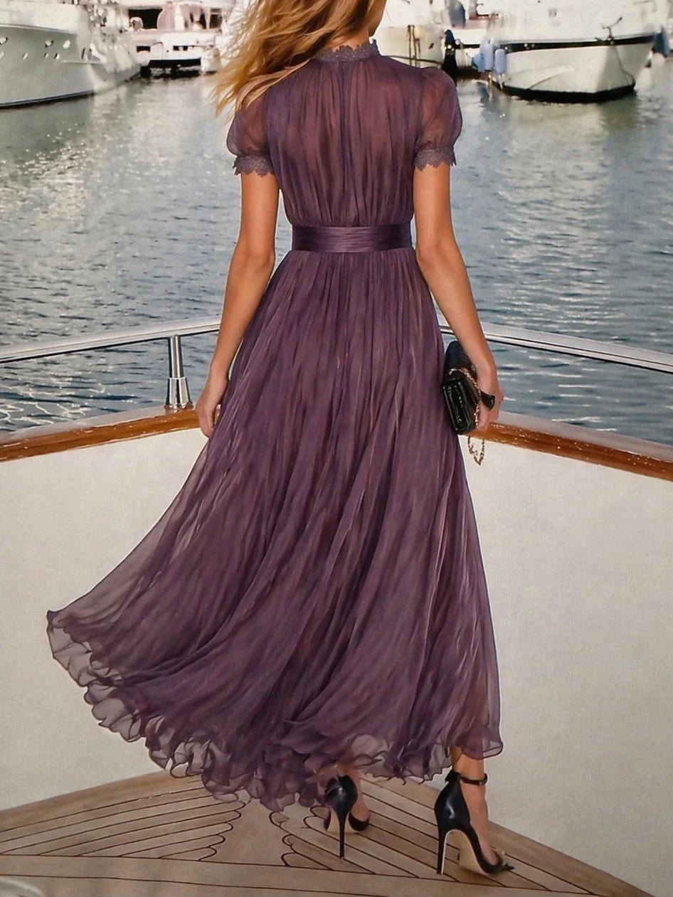 Black Lace-Trim Chiffon Maxi Dress