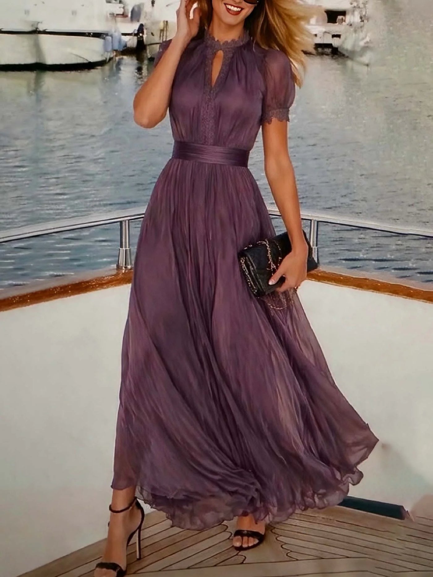 Black Lace-Trim Chiffon Maxi Dress