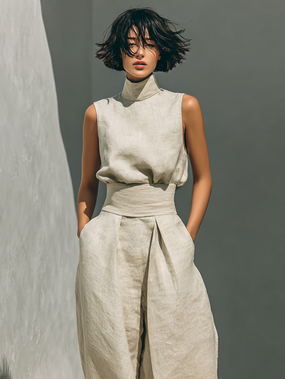 Maria | Conjunto completo con top sin mangas y pantalones amplios de algodón y lino
