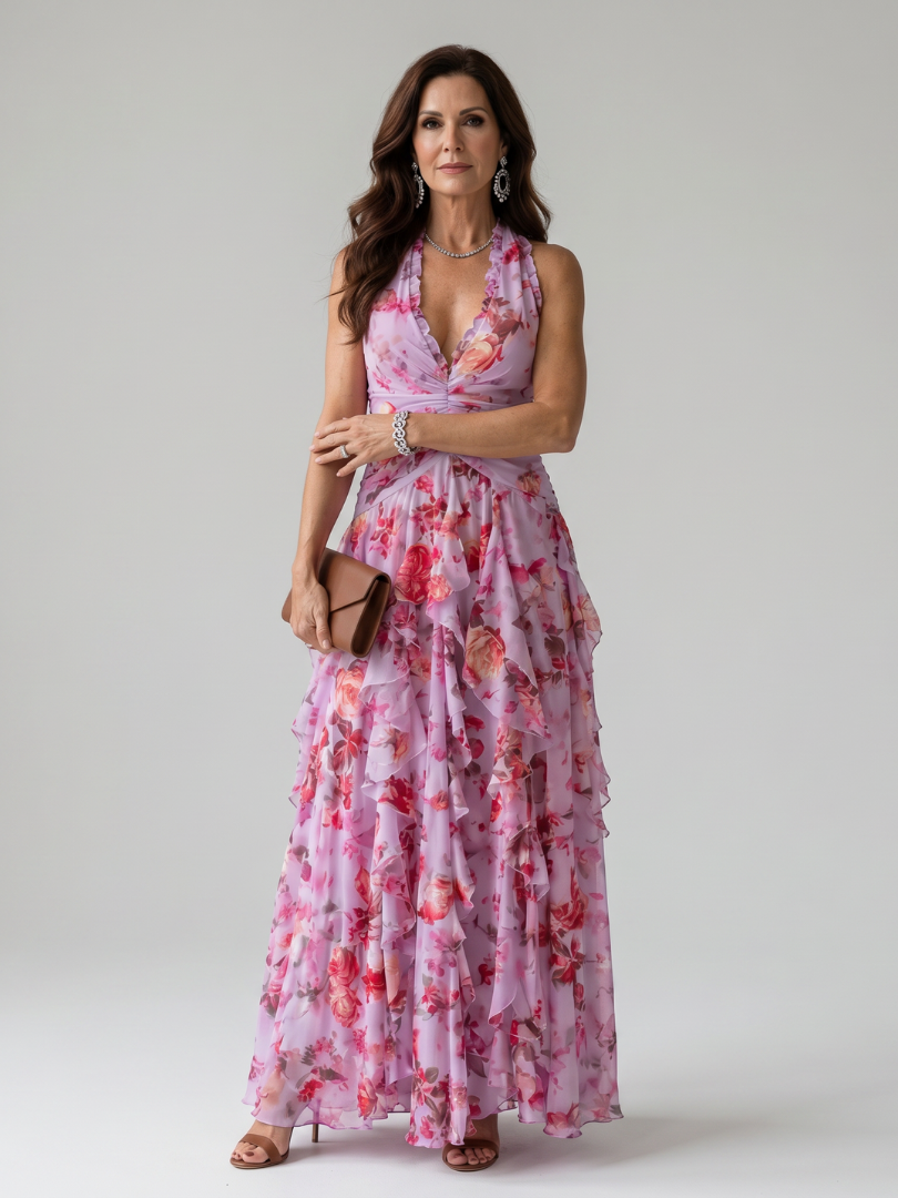 Nori — vestido maxi floral con escote halter, Solenza