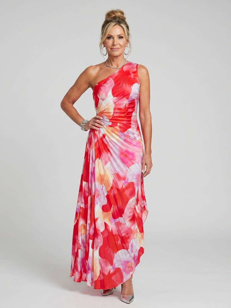 Taya — vestido midi de un hombro con cuerpo plisado, Solenza