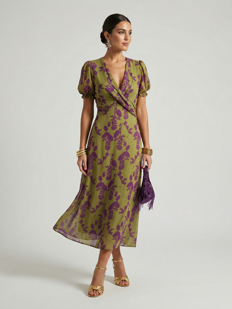 Virel — vestido midi floral con escote en V, Solenza
