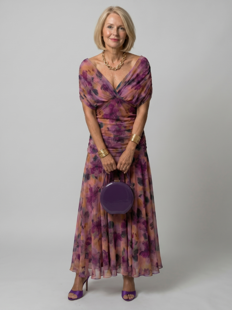 Calen — vestido midi sin hombros con escote drapeado, Solenza