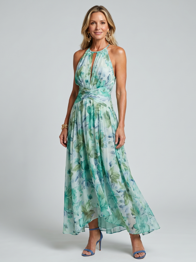 Portia — vestido midi floral con escote halter, Solenza