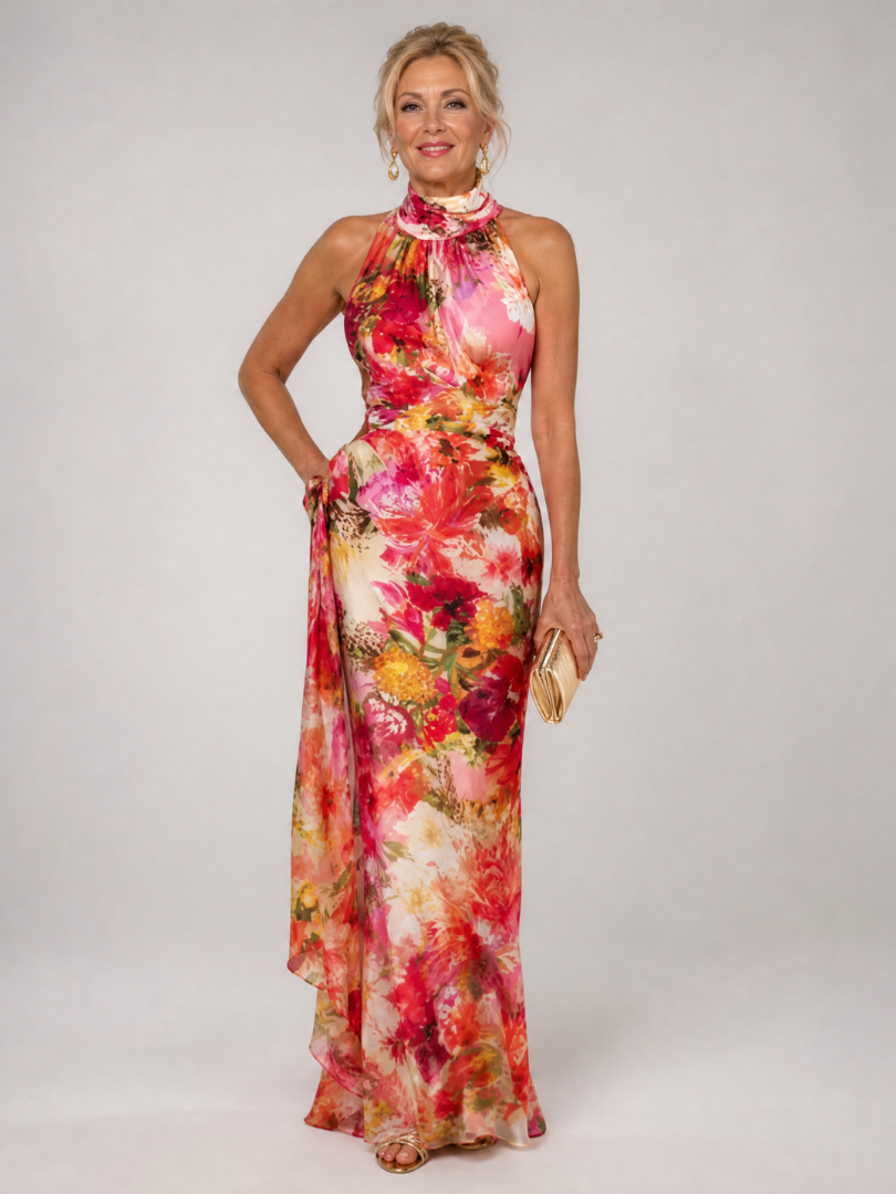 Elisabetta — vestido largo halter de estampado floral, Solenza