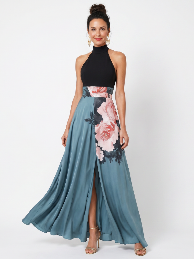 Olympas — vestido maxi floral de evento con escote halter, Solenza