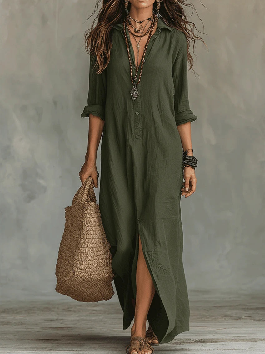Soline | Vestido Maxi Negro Suelto con Botones