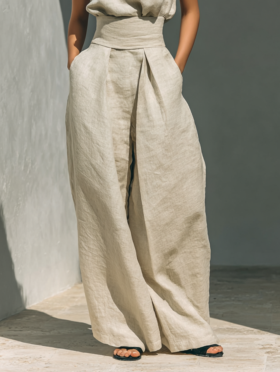 Maria | Conjunto completo con top sin mangas y pantalones amplios de algodón y lino