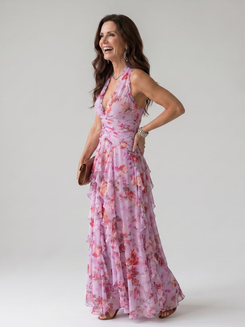 Nori | Vestido Maxi Floral con Escote Halter y Cuerpo Fruncido · vista alternativa