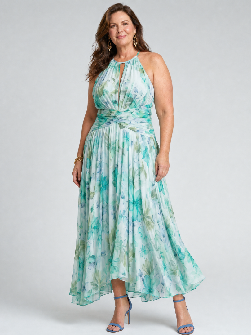 Portia | Vestido Midi Floral con Pliegues y Cuello Halter