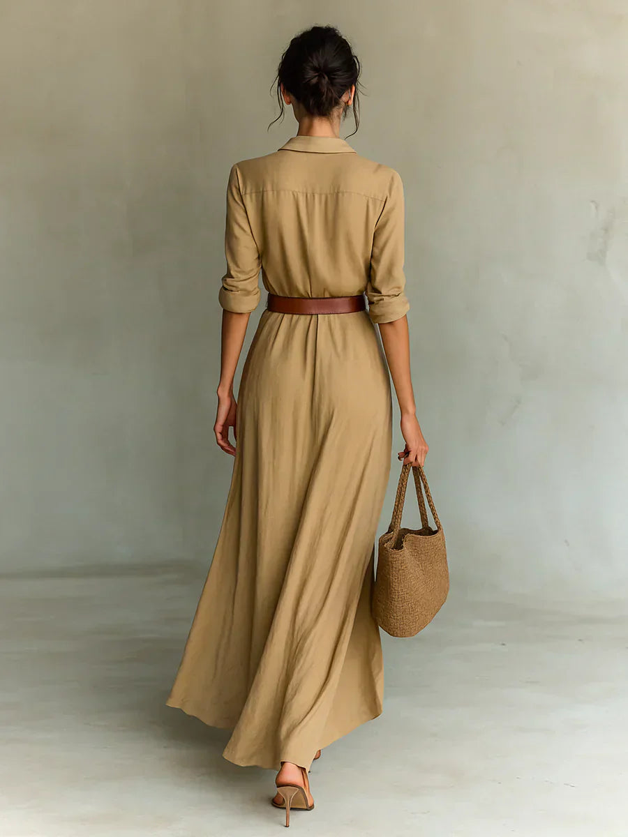 Camille | Vestido Maxi con Solapas y Cinturón en la Cintura