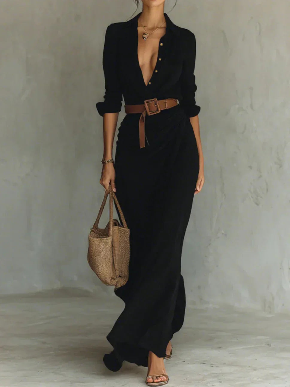 Camille | Vestido Maxi con Solapas y Cinturón en la Cintura