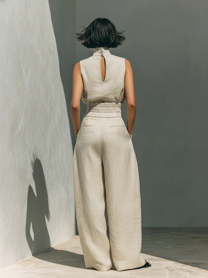 Maria | Conjunto completo con top sin mangas y pantalones amplios de algodón y lino