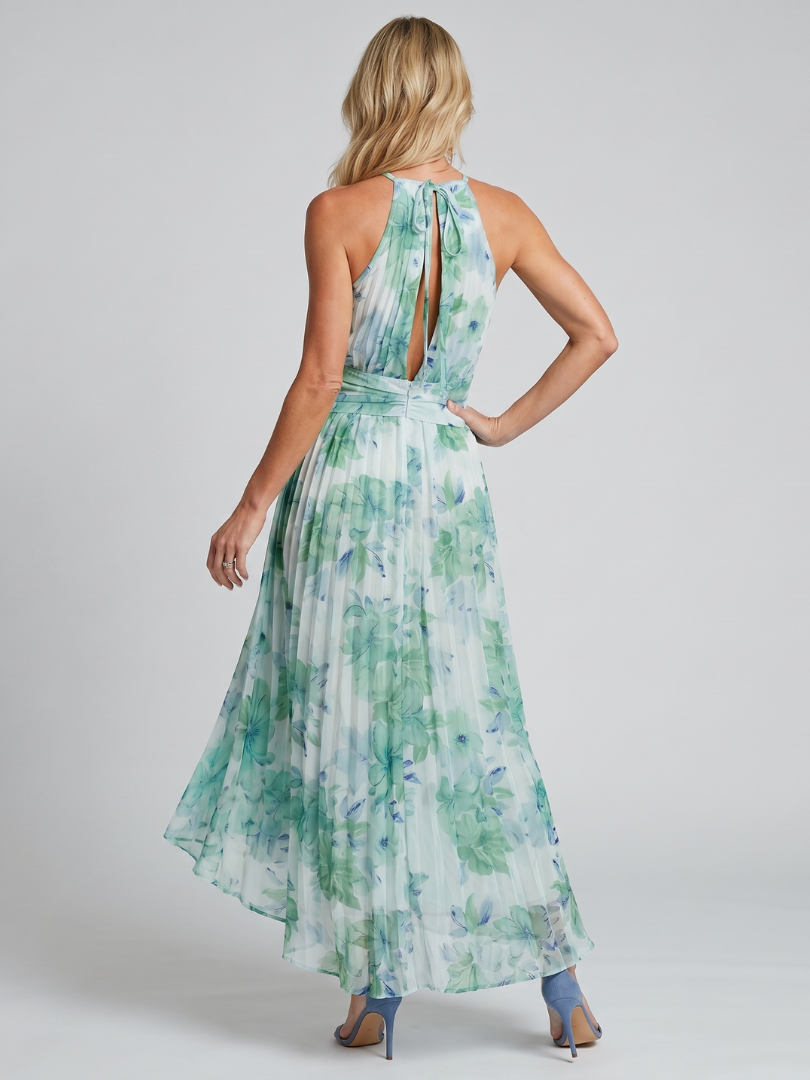 Portia | Vestido Midi Floral con Pliegues y Cuello Halter