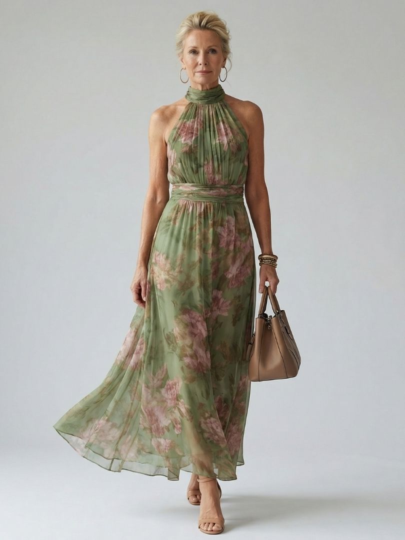Mirelle — vestido midi floral con escote halter, Solenza