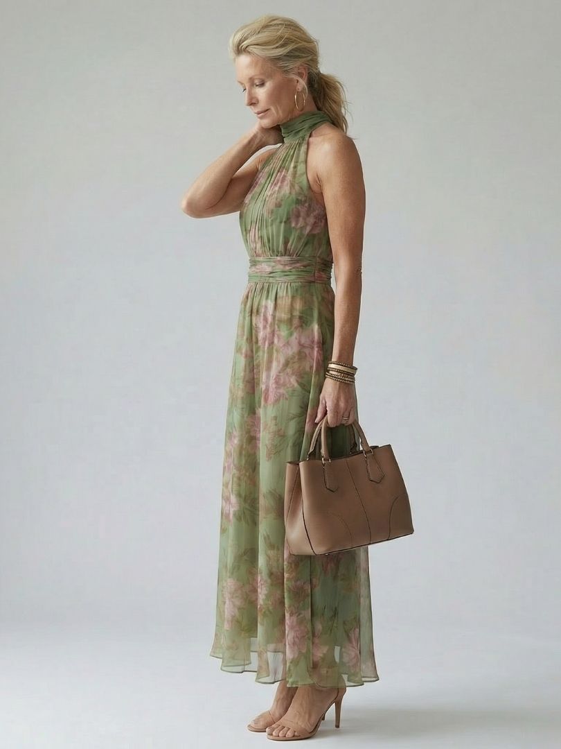 Mirelle | Vestido Midi con Cuello Halter Fruncido