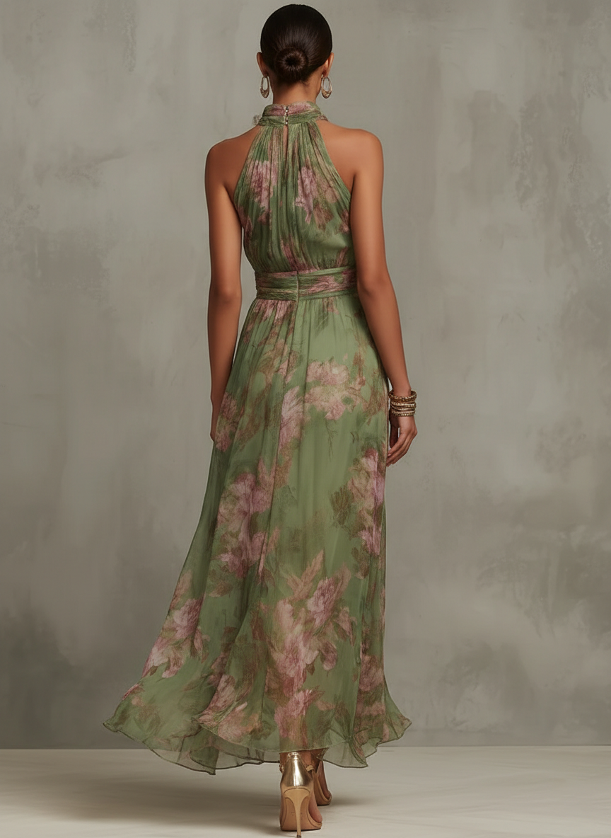 Halter · Maxi Floral Verde Chifón