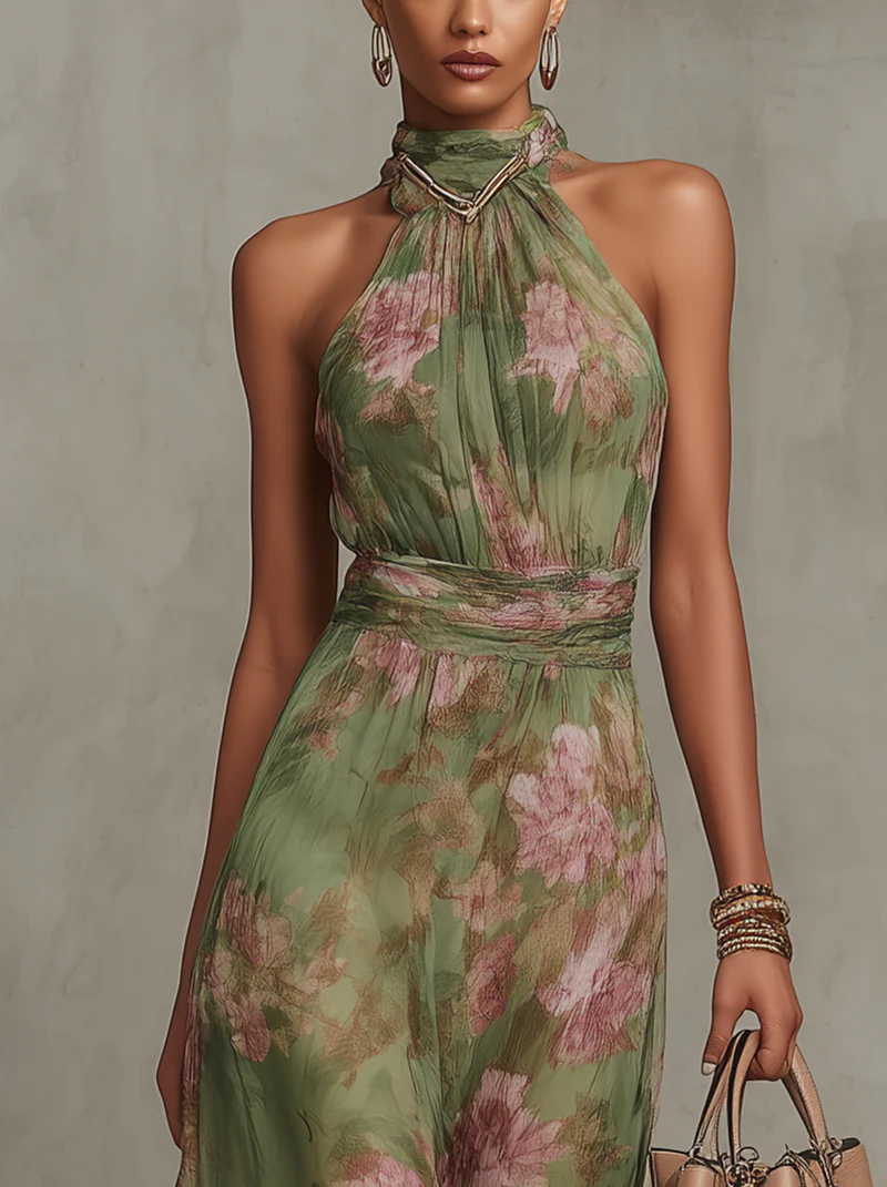 Halter · Maxi Floral Verde Chifón