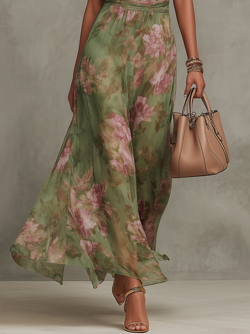 Halter · Maxi Floral Verde Chifón