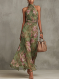 Halter · Maxi Floral Verde Chifón