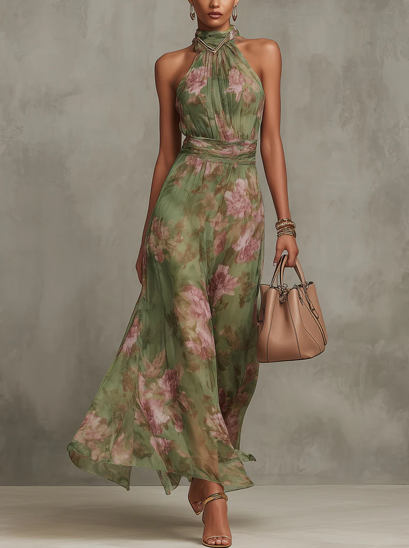 Halter · Maxi Floral Verde Chifón