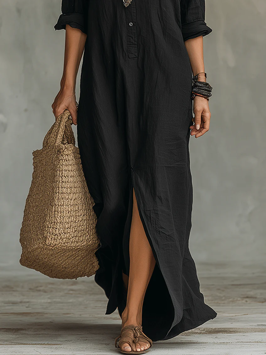Soline | Vestido Maxi Negro Suelto con Botones