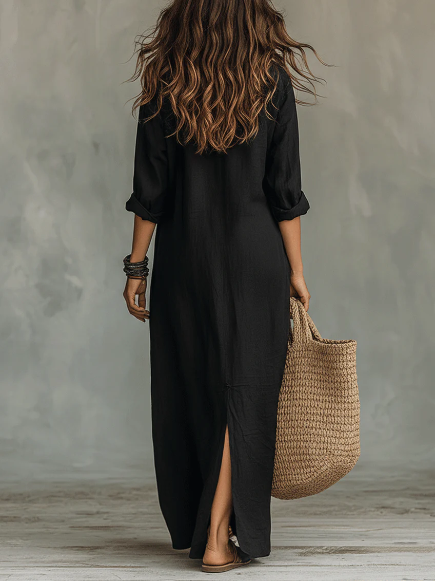 Soline | Vestido Maxi Negro Suelto con Botones