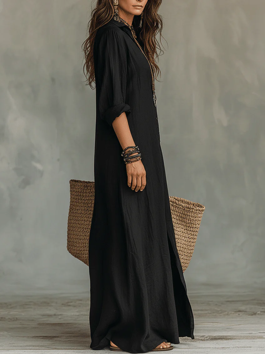 Soline | Vestido Maxi Negro Suelto con Botones