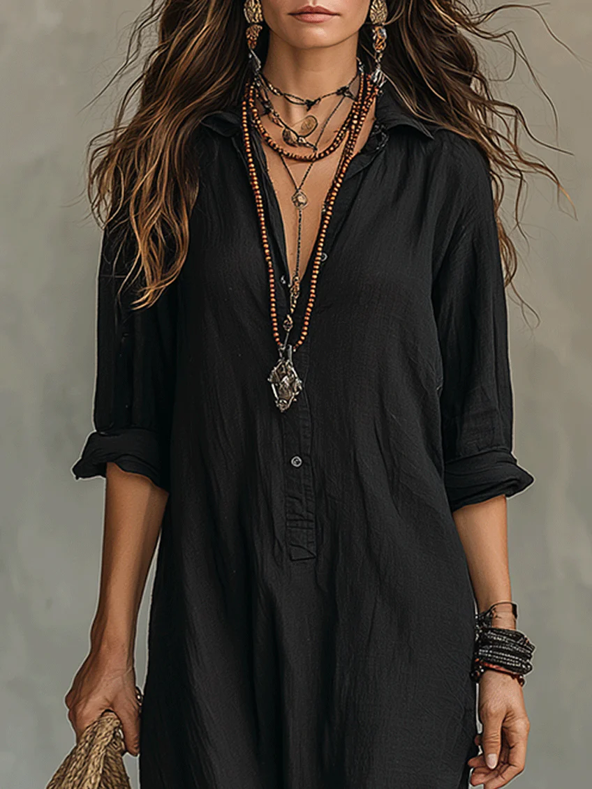 Soline | Vestido Maxi Negro Suelto con Botones