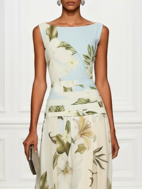 Gala · Vestido largo floral cuello barco