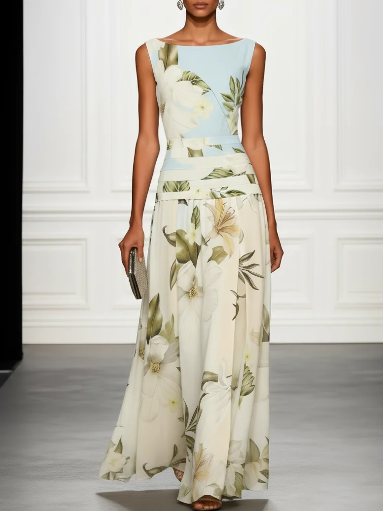 Gala · Vestido largo floral cuello barco