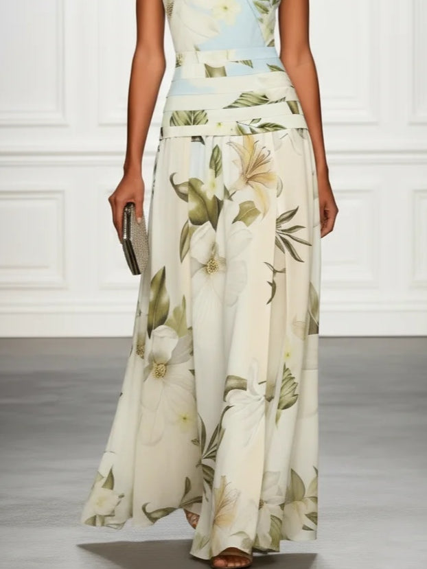 Gala · Vestido largo floral cuello barco