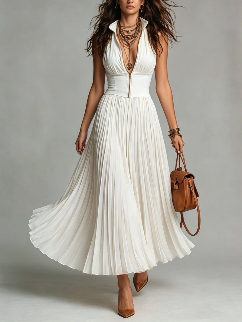 Valeria | Vestido maxi plisado de gasa con cuello alto