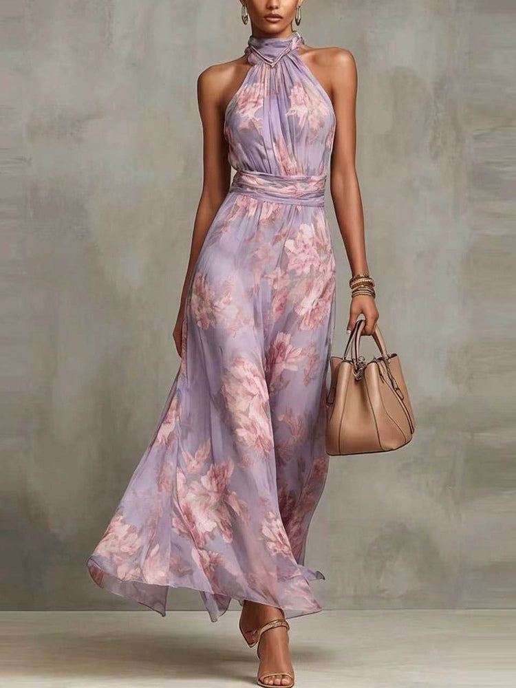 Halter · Maxi Floral Verde Chifón