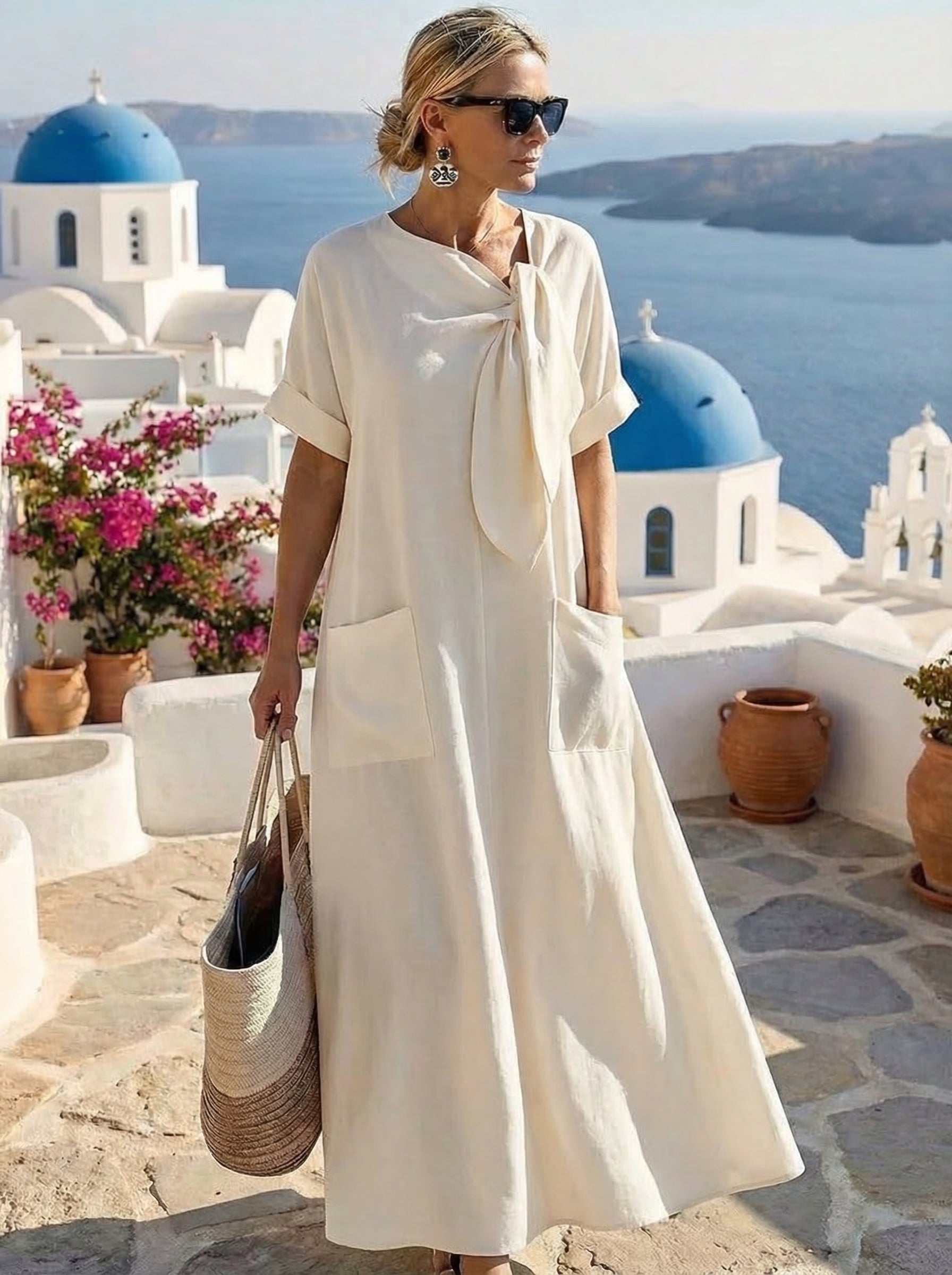 Vestido midi color blanco con bolsillos laterales y manga corta en patio luminoso
