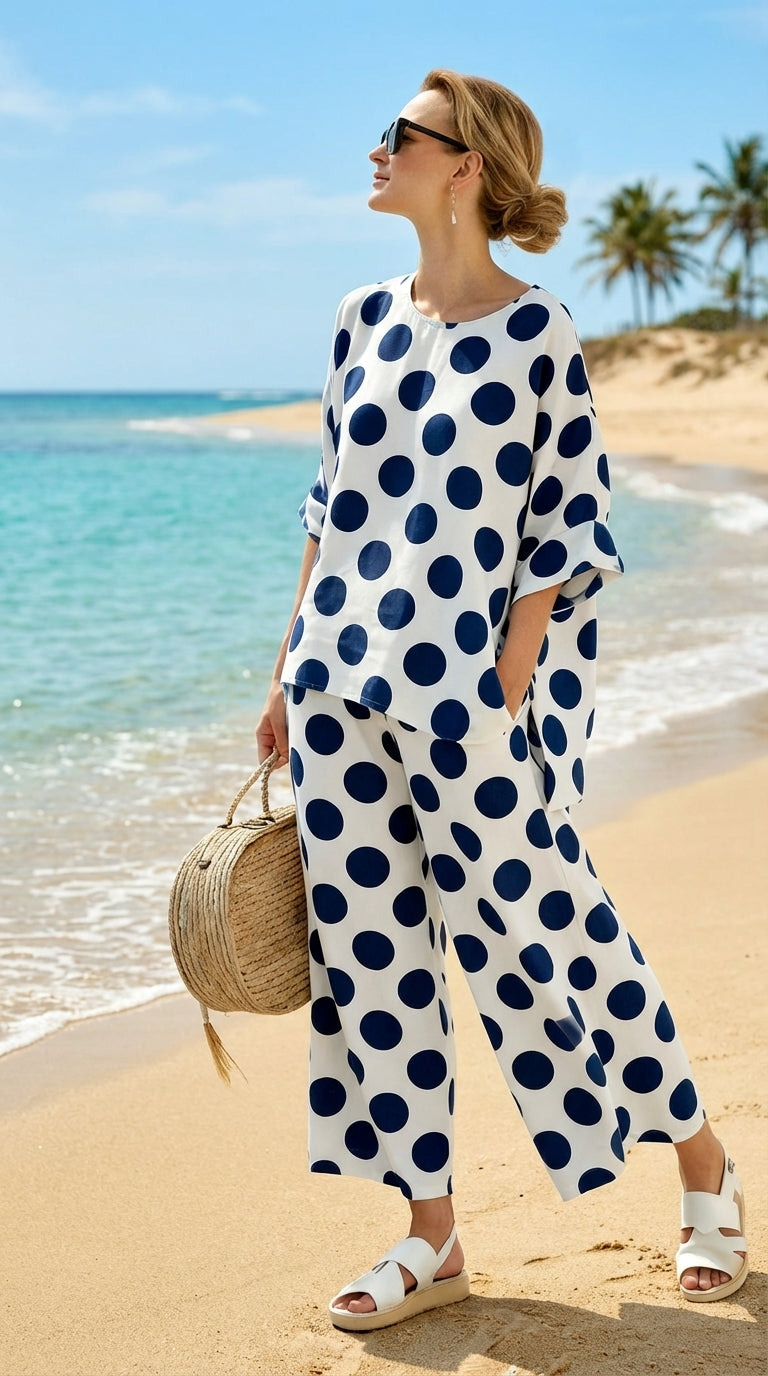 Conjunto dos piezas estampado lunares blanco y negro con top y falda en exterior